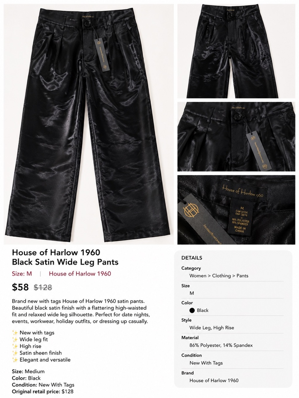 House of Harlow 1960 Black Satin Wide-Leg Trousers